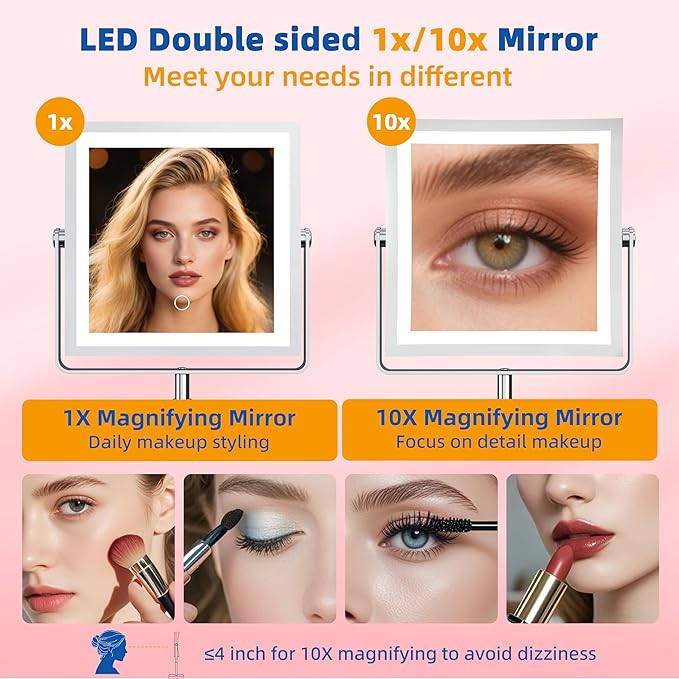 Ruacq Makeup Mirror with Lights, 4000mAh Rechargeable Magnifying Mirror with Light, 1X/10X, Height Adjustable Bathroom Vanity Mirror, 3 Colors, Adjustable Brightness (Chrome)