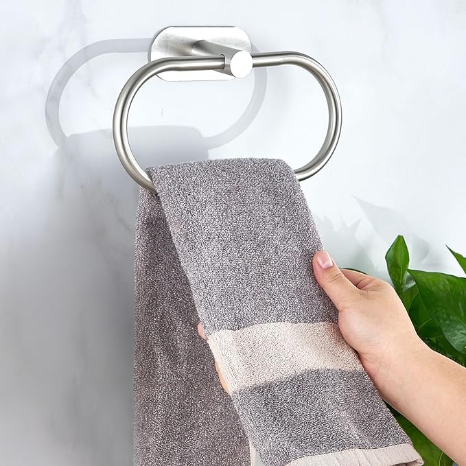 Towel Bar/Bath Towel Ring, Self Adhesive Hand Towel Ring for Bathroom, Stainless Steel Sticky Hand Towel Holder, No Drilling Modern Round Towel Hanger Wall Mounted (Brushed Nickel)