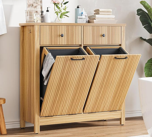 Airynee Double Tilt-Out Laundry Hamper Cabinet with 2 Drawers, Fluted Trash Can Cabinet with Laundry Basket, 20 Gallon, Hidden Wood Garbage Can Bin Cabinets for Bathroom & Kitchen, Natural Oak