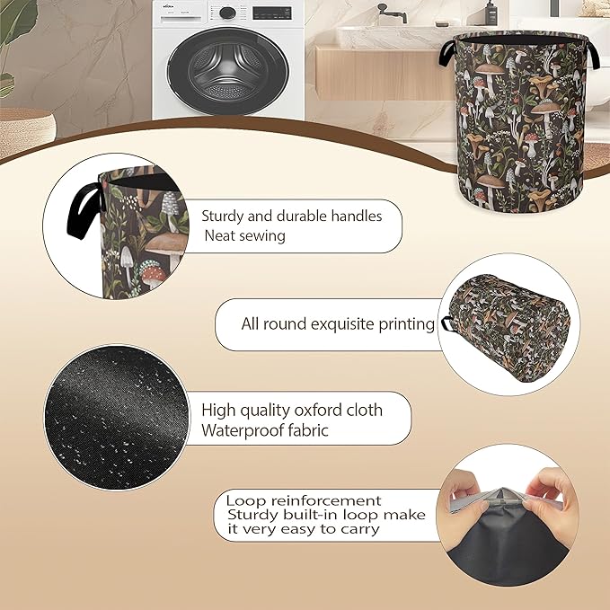 Collapsible Laundry Basket,Vintage Mushroom Dirty Clothes Hamper,Forest Wildflower Hampers for Bedroom Waterproof Oxford Cloth Storage Organizer for Bathroom,Nursery,Dorm,16x20 Inch