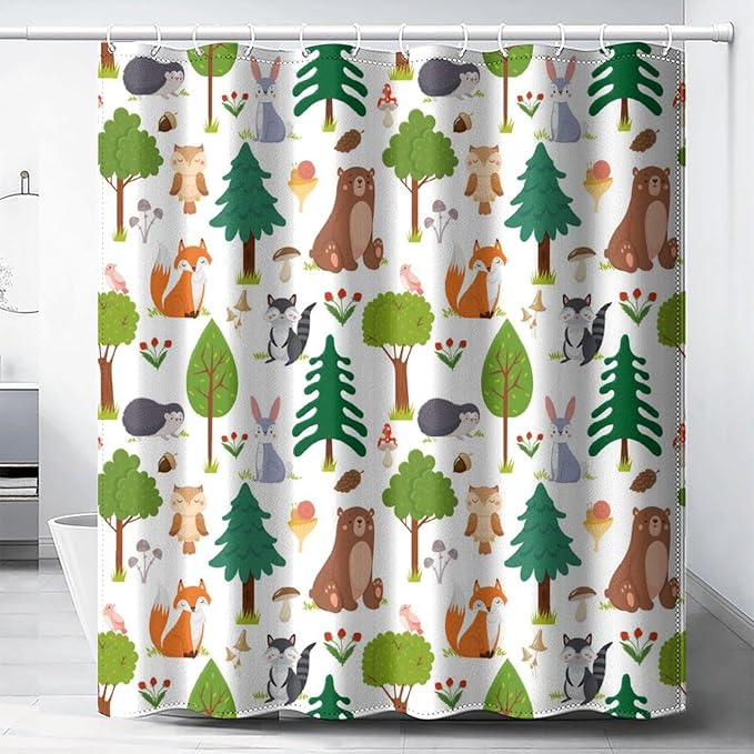Kids Baby Woodland Shower Curtain Animals Cartoon Girls Children's Cute Cartoon Funny Colorful Weeds Plants Fox Waterproof Fabric Bathroom Decor 72x78 Inches(183x200cm), Style-12