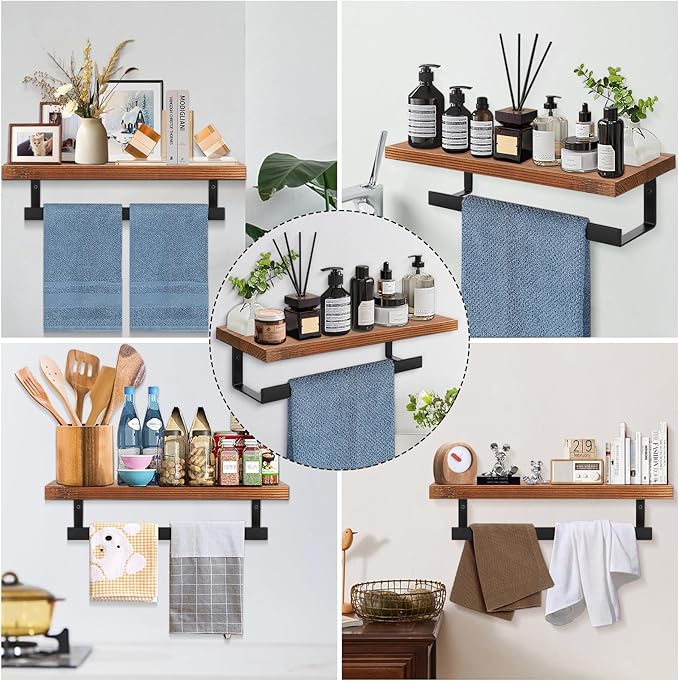 Hand Towel Holder/Towel Ring with Wooden Shelf, Hand Towel Rack, Hand Towel Hanger for Bathroom, Bath Accessories Wall Mounted, Matte Black (12"-Squ Shaped)