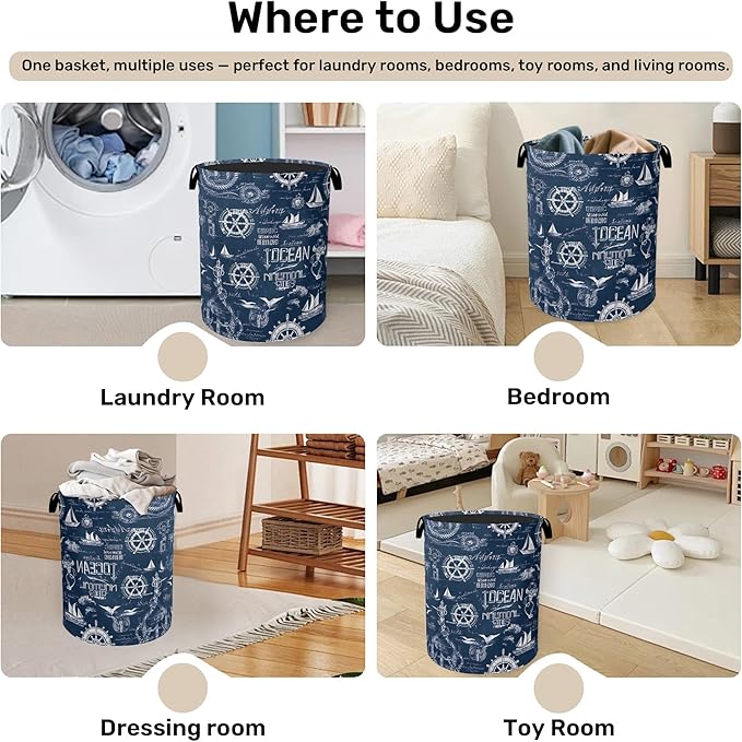 Navy Blue Foldable Laundry Hamper - Waterproof Fabric Storage Basket with Handles, Clothes Hampers for Laundry,Bedroom,Dorm