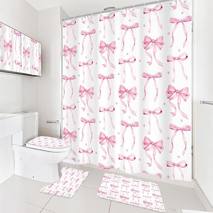 Cinbloo 4Pcs Pink Bow Shower Curtain Set, Retro Coquette Vintage Girly Preppy Cute Fashion Pretty Sweet Bathroom Curtain with Rug, Toilet Lid Cover, Bath Mat, Aesthetic Shower Curtain with 12 Hooks