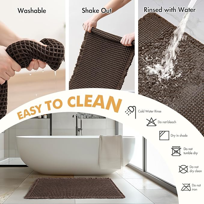 MIULEE Set of 2 Waffle Bathroom Rugs, Boho Bath Rugs Non Slip Washable, Super Absorbent Bath Mats, Ultra Soft Rubber Backed Shower Mats for Bathroom Floor, Tub, Chocolate, 17"x24"+18"x30"