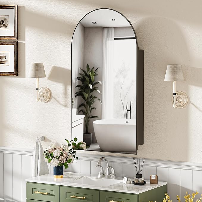 Medicine Cabinet with Mirror,Bathroom Wall Cabinet with Adjustable Shelves Arch Metal Storage Cabinet for Bathroom Bedroom (No Assembly Required) Black 16.5 * 31.1''