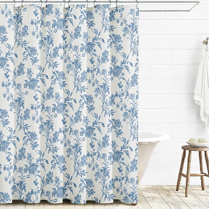 Long Shower Curtain Blue Floral Cotton Cottagecore Shower Curtain for Bathroom 72" W x 78" L