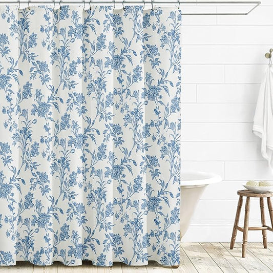 Long Shower Curtain Blue Floral Cotton Cottagecore Shower Curtain for Bathroom 72" W x 78" L