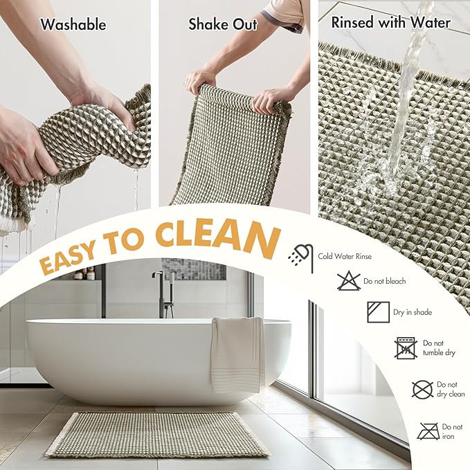 MIULEE Set of 2 Waffle Bathroom Rugs, Boho Bath Rugs Non Slip Washable, Super Absorbent Bath Mats, Ultra Soft Rubber Backed Shower Mats for Bathroom Floor, Tub, Green & Cream, 17x24 Inch