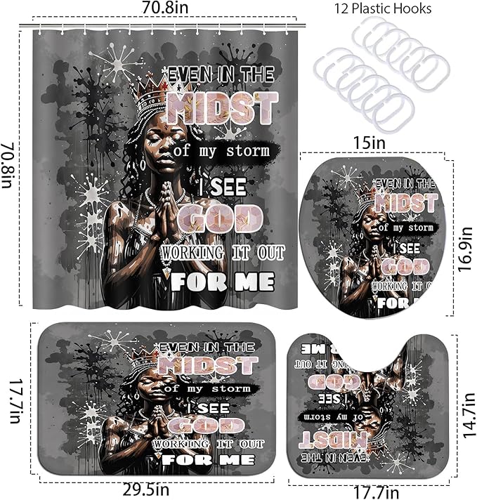 4 PCS Black Queen Shower Curtain Set with Waterproof Shower Curtain, Non-Slip Bath Mat, Absorbent Rug, Toilet Lid Cover, Inspirational Quote Afrcia American Black Woman Halloween Bathroom Decor Set
