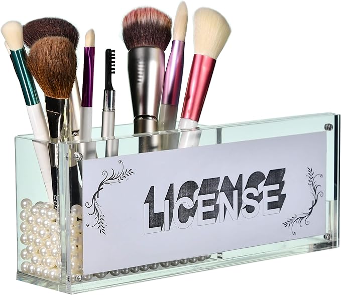 AMT CLEAR Acrylic Make Up Organizer, Business License Frame for Cosmetology or Other Businesses, Makeup Brush Holder, Pen Holder,Business Card Display (Cream)