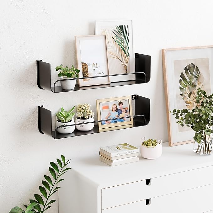 Black Metal Shelf, Modern Floating Bathroom Shelf With Guardrail, Upgrade U-Shaped Wall Mounted Metal Shelves for Kitchen, Living Room, Bedroom, Set 0f 2 Shelves for Home Storage and Organizer