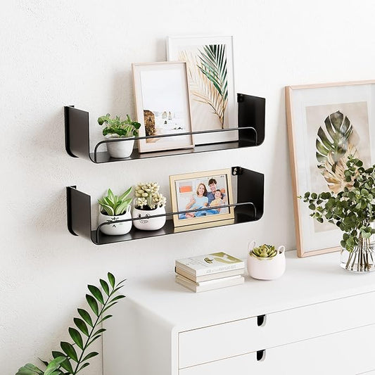 Black Metal Shelf, Modern Floating Bathroom Shelf With Guardrail, Upgrade U-Shaped Wall Mounted Metal Shelves for Kitchen, Living Room, Bedroom, Set 0f 2 Shelves for Home Storage and Organizer