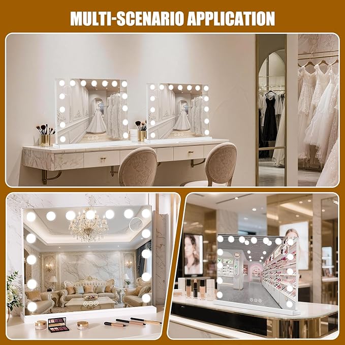 Vanity Mirror with Lights, 23"×18" Large Hollywood Makeup Mirror with 15 Dimmable Bulbs, 3-Color Lighting, Dimmable, 10x Magnification, Desk Mirror, Bedroom (White)