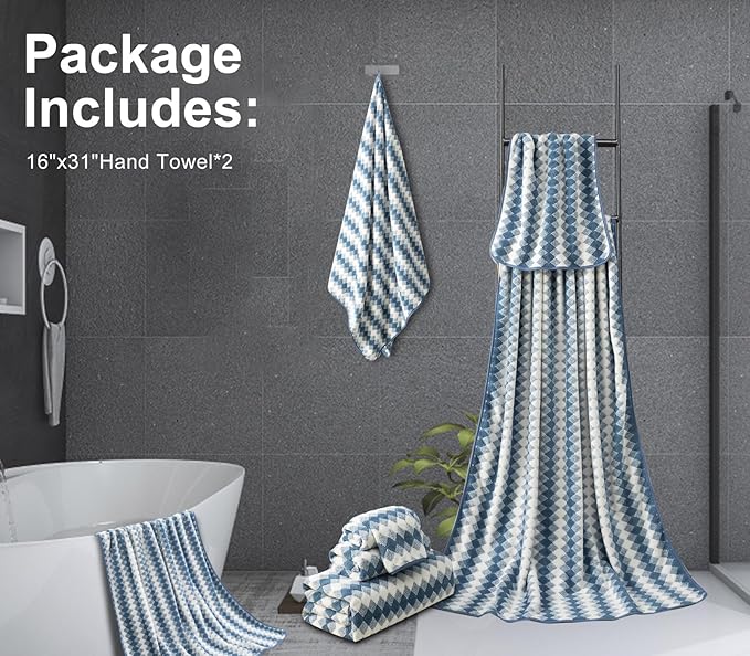 2Pcs Hand Towel 16"x31" Towel Set for Bathroom,Highly Absorbent Quick Dry Face Towel for Daily Use,Soft Microfiber Multipurpose Kitchen Hand Towel Set Collection for Hotel Spa Gym,Blue