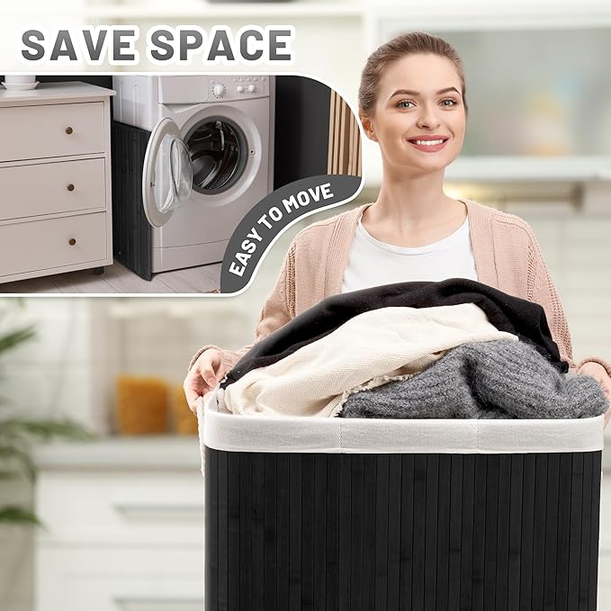 Aliphon 72L Slim Laundry Hamper with Lid, Foldable Bamboo Clothes Laundry Basket with Handles, Removable and Machine Washable Liner, for Bedroom, Bathroom, Dorm, Ink Black