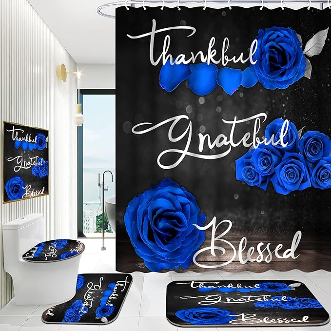 Onalasyc 4Pcs Blue Rose Shower Curtain Set with Rugs Waterproof Bathroom Sets with Shower Curtain and Rugs Romantic Rose Floral, Thankful Grateful Blessed Bathroom Curtains Shower Set,with 12 Hooks