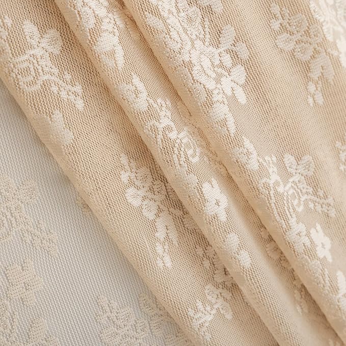 YJ YANJUN Beige Lace Shower Curtain with Attached Valance Vintage Floral Cottage Core Shower Curtain for Bathroom Antique Boho Shabby Chic Scallop Edge Bathroom Curtains 1 Panel, 72 x 72 Inch