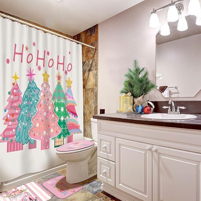 Drydiet 4 Pcs Christmas Shower Curtain Set Bathroom Decoration Non Slip Rugs Mat Toilet Lid Cover Shower Curtain for Xmas Holiday Farmhouse Home Bathroom Decor(Pink Christmas)
