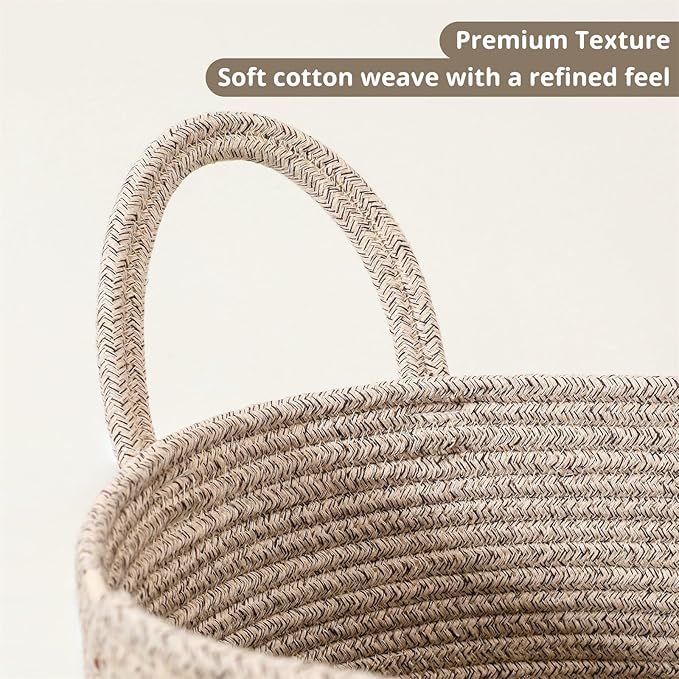 60L Large Woven Laundry Basket Hamper, 100% Natural Cotton Rope, Handwoven & Durable, Storage for Blankets, Toys, Clothes, Decorative Nursery Hamper for Living Room, Baby Room, Bedroom (Brown)