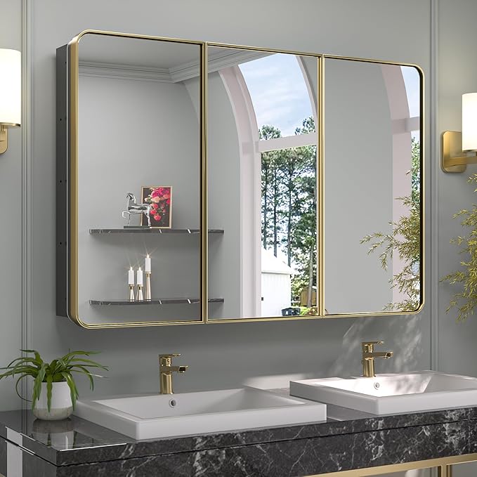 Keonjinn 48 x 32 Inch Large Gold Medicine Cabinets, Recessed Bathroom Medicine Cabinet, Dim Brushed Brass Stainless Steel Framed, Sturdy & Heavy, Stepless Adjustable Shelves, DTC Hinges, Modern