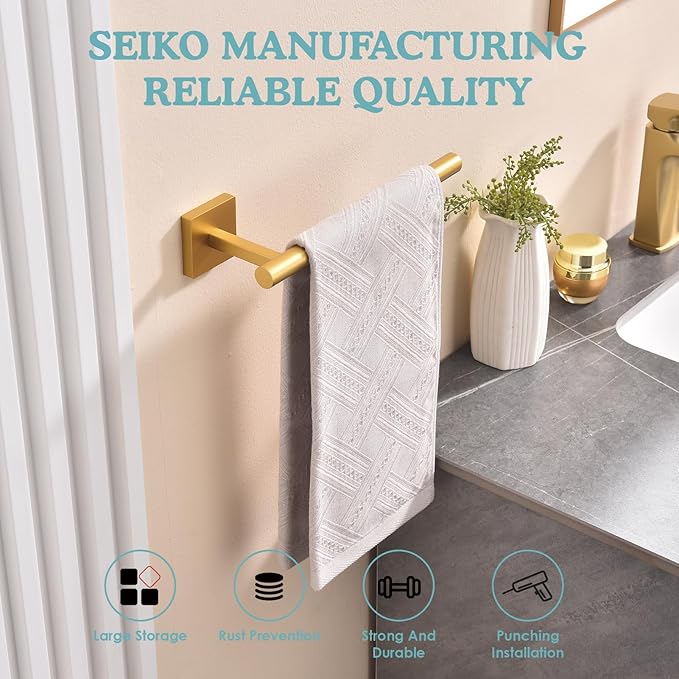 Brushed Gold Hand Towel Holder,Thicken SUS 304 Stainless Steel Towel Bar Towel Ring for Bathroom, Modern Design Hand Towel Rack Towel Hanger Wall Mounted