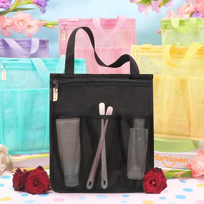 famichan Portable Shower Caddy, Gym Travel Camp Dorm Room Essentials for College Student Boy Girl，Black Bathroom Mesh Shower Bag