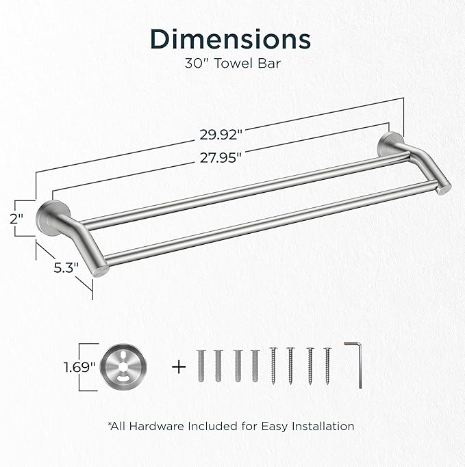 FORIOUS Double Towel Bar 30", Heavy Duty SUS304 Stainless Steel Dual Towel Racks for Bathroom Wall Mount, Space Saving Towel Rod Towel Holder Rail, Brushed Nickel