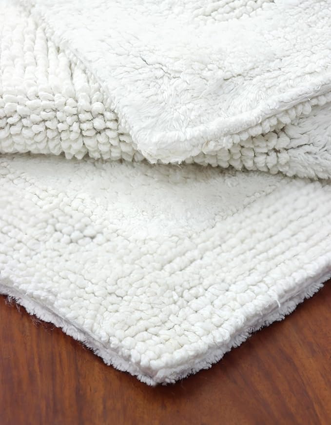 COTTON CRAFT Luxurious Bathmat Rug - Set of 2 Reversible Heavyweight Large Step Out Bath Mats for Bathroom Floor, Tub and Shower - Pure Cotton Soft Plush Absorbent Tufted Racetrack Mat - 20x30 - White