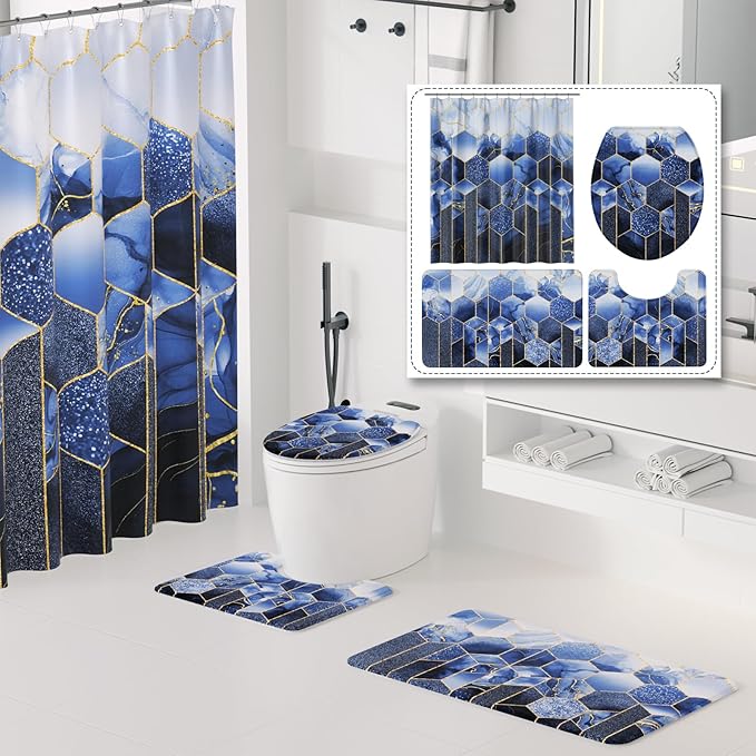 XLHOMO Bathroom Sets with Shower Curtain and Rugs - 4PC Navy Blue Geometric Shower Curtain Set with 12 Hooks, Toilet Cover, U-Shaped Mat and Rugs Modern Abstract Bathroom Accessories for Bathroom