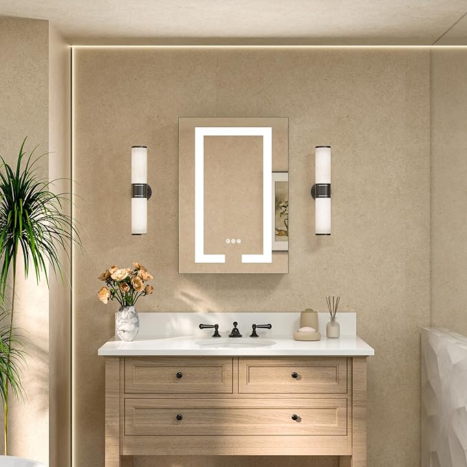 TETOTE LED Lighted Medicine Cabinet Mirror with Tempered Glass 16 x 24 Recessed or Surface Mount Bathroom Cabinet with Lights and Storage, Outlets & USB, 3-Color Dimming, Defog, Adjustable Shelves