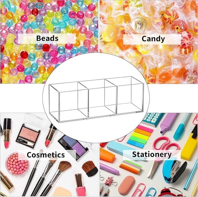 Acrylic Makeup Organizer 3 Section Clear 7.1x2.36x2.36 Inches Pen Holder 3 Compartments Pencil Organizer Cup Plastic Storage Organizer Plastic Square Cube for Makeup Jewelry Accessories