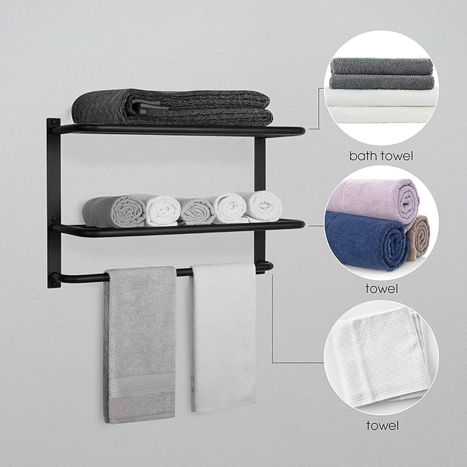 Towel Rack for Bathroom, DEWVIE 23 Inch Tower Holder with Tower Bars, SUS 304 Stainless Steel Lavatory Bath Towel Shelf Towel Hanger Wall Mount, 3-Tier (Matte Black)