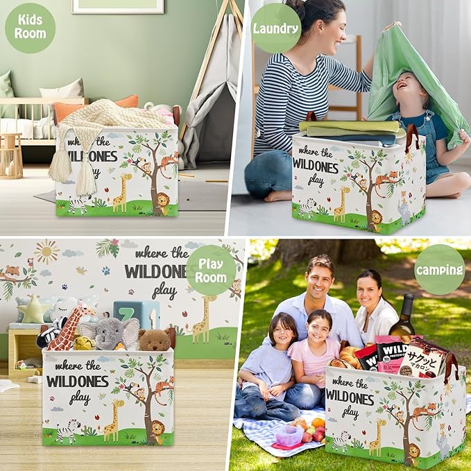 Jungle Safari Nursery Decor Basket -Elephant Giraffe Baby Boy Laundry Basket, Tropicals Laundry Hamper, Kids Toy Box Bin for Bedroom Bathroom Livingroom
