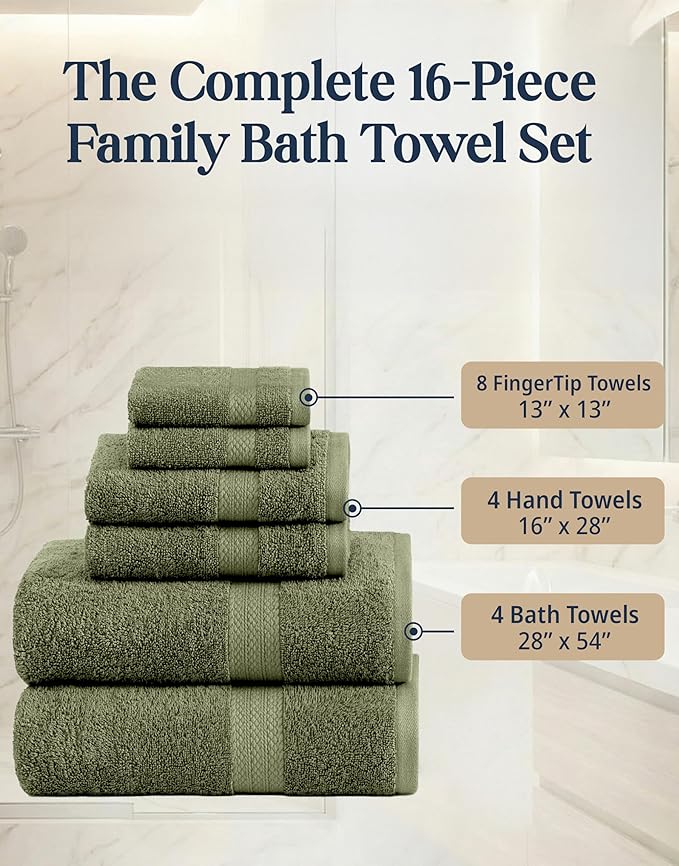 Lane Linen 100% Cotton Luxury Bath Towel Set - 16 Pieces - Ring Spun, Super Soft & Highly Absorbent - 4 Bath, 8 Washcloths, 4 Hand Towels for Bathroom - Minimal Lint & Fading, Pre Shrunk - Olive Green