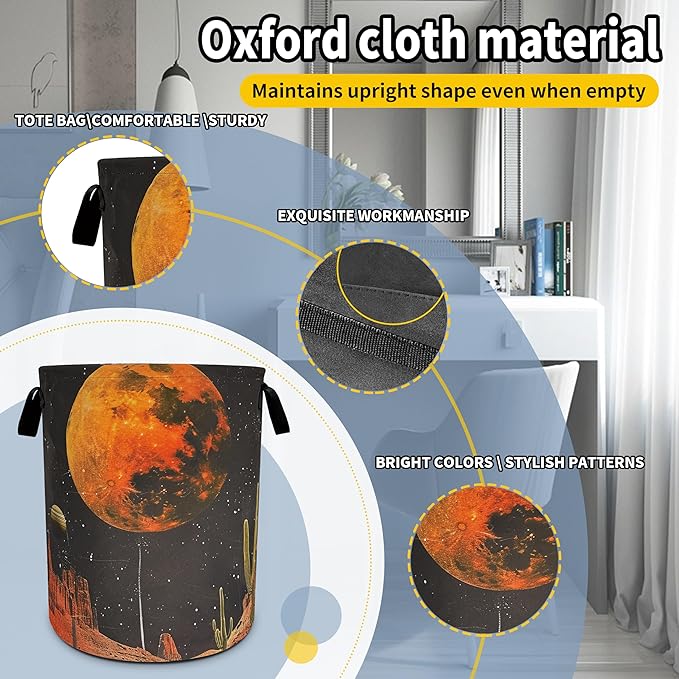 Full Moon Laundry Basket Desert Cactus Foldable Oxford Cloth Funny Tote Bag Laundry Hamper Clothes Storage Bucket Toy Organizer For Bathroom/Laundry Storage/Bedroom 18.9x16.5 Inch