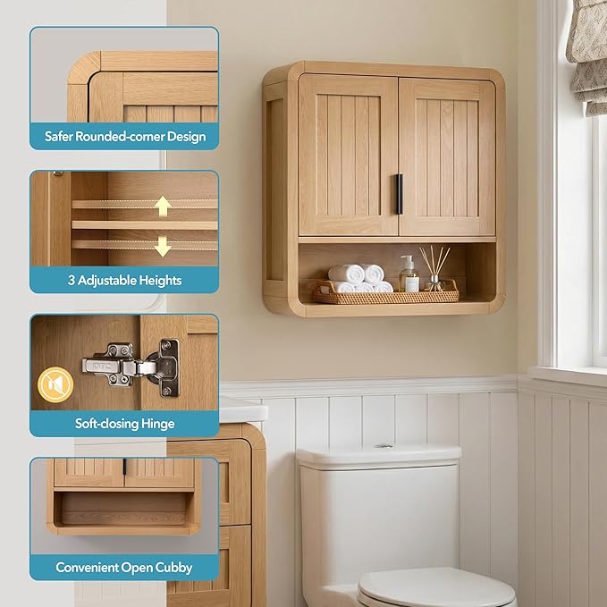 VANIRROR Premium Bathroom Wall Cabinet, Engineered Wood Medicine Cabinet with Soft-Close Doors & Child-Safe Rounded Edges, Modern Farmhouse Storage Organizer for Laundry, Kitchen