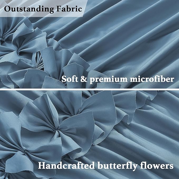 Dusty Blue Ruffle Shower Curtain, Vintage Handcrafted Bow Tie Bath Curtain for Master Bathroom, Ruched Microfiber Bathroom Curtain with 12 Buttonholes, 72" W x 72" H (LQ-10)