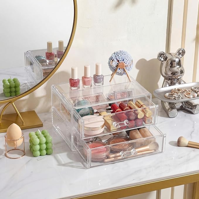 Acrylic Makeup Organizer 2 Drawer Transparent Makeup Storage Box with DIY Flower Nails Tips Jewelry Cosmetic Organizer Dustproof Drawer for Bedroom, Bathroom, Countertop Dresser 7.5 x 4.72 x 3.9 Inch