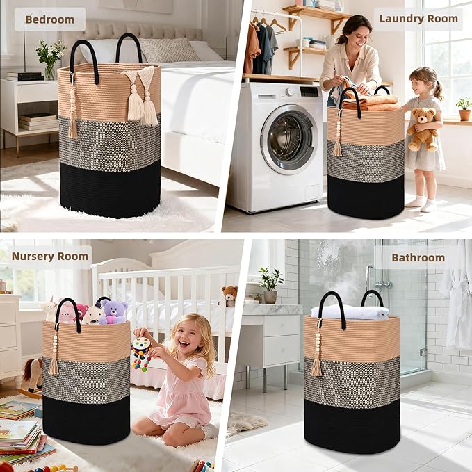 Woven Laundry Basket for Clothes, 65L Large Rectangle Laundry Hampers with Beads Tassel, Nursery Storage Basket for Toys, Tall Dirty Clothes Hamper for Bedroom Aesthetic, Laundry Room Organization