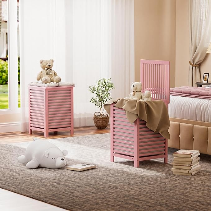 SMIBUY Double Laundry Hamper with Lid, 120L Bamboo Laundry Basket with Removable Liner Bag, 2-Section Clothes Divider Laundry Sorter for Laundry Room, Bathroom, Bedroom (Pink)