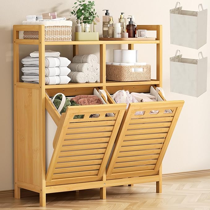 Homykic Tilt Out Laundry Hamper Cabinet, Bamboo Double Laundry Hamper with 2 Removable Laundry Baskets, 20 Gal Laundry Sorter Organizer with Shelf for Dirty Clothes, Bathroom, Laundry Room, Natural