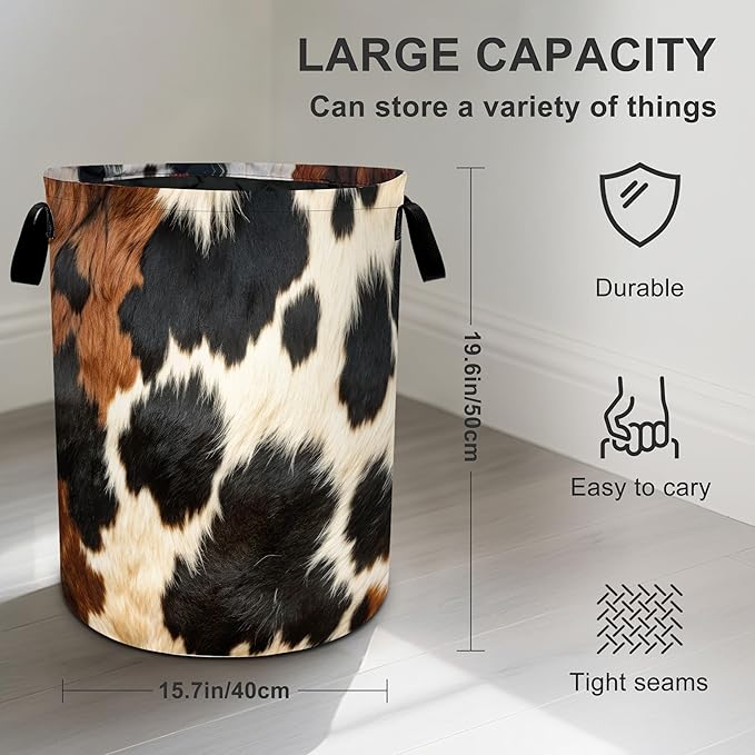 Brown Cowhide Laundry Basket Laundry Hamper With Handles Collapsible Laundry Baskets Storage Basket For Room Bathroom Bedroom Decor