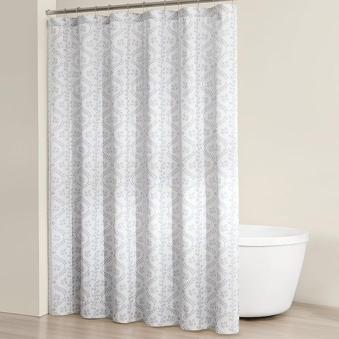 Lush Decor Doreen Delicate Floral Linen Textured Shower Curtain Single 72" W x 72" L Blue - Floral Shower Curtains for Bathroom - Bathroom Curtain