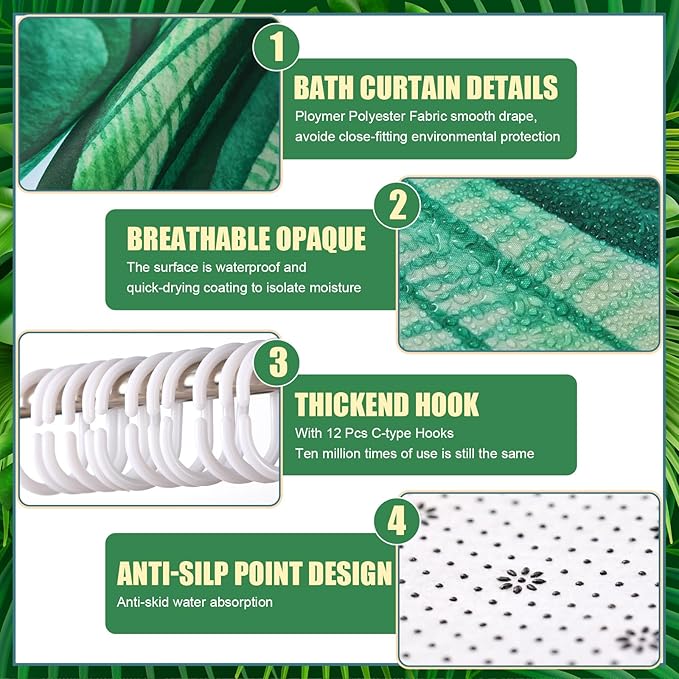 Nuanchu 6 Pcs Tropical Leaves Shower Curtain Set with Rug Green Palm Botanical Banana Monstera Leaf Bathroom Sets with Shower Curtain Bath Mat U Shaped Mat Toilet Lid Cover 2 Bath Towels and 12 Hooks