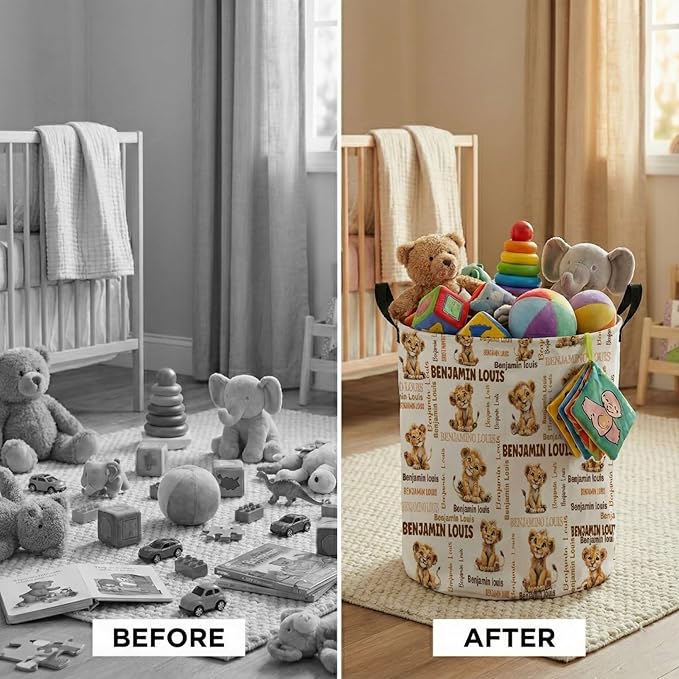 Custom Lion Laundry Baskets, Personalized Lion Gifts with Customized Name, Collapsible Laundry Hamper for Kids Adults Home Decoration,16.5 X 13.8in