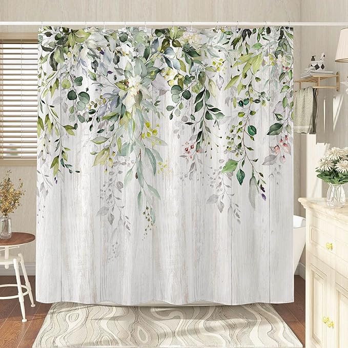 kampdream Eucalyptus Plant Rustic Shower Curtain, Watercolor Leaves On The Top Country Farm House Shower Curtain, Spring Botanical Bathroom Curtain 72 ×72 Inch
