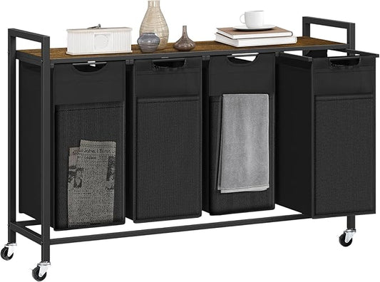 Laundry Hamper, Laundry Basket with 4 Pull-Out Removable Oxford Fabric Bags, 4 x 10.6 Gallons, Total 160L, Cloth Laundry Sorter with a Top Shelf 45.7"x13" (Black and Rust)
