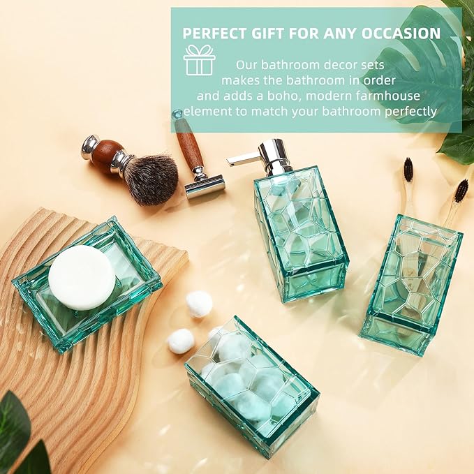 GAHEFY Teal Blue Beach Bathroom Accessories Set with Toothbrush Holder, Soap Dispenser, Tumbler, Soap Dish, Turquoise Bathroom Decor,Acrylic (Teal-4pcs)