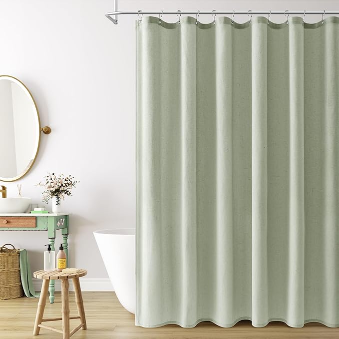 Naturoom Mist Sage Linen Shower Curtain, Country Boho Farmhouse Bath Decor Shower Curtains Neutral Cloth Weighted Textured Fabric Bath Curtain Liner with Hooks, 72x84